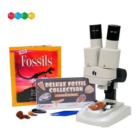 United Scope. AmScope 20X-50X Kid's Deluxe Stereo Microscope with Fossil Kit, Dual-Illumination SE102LED-18FOS-FSL-TW